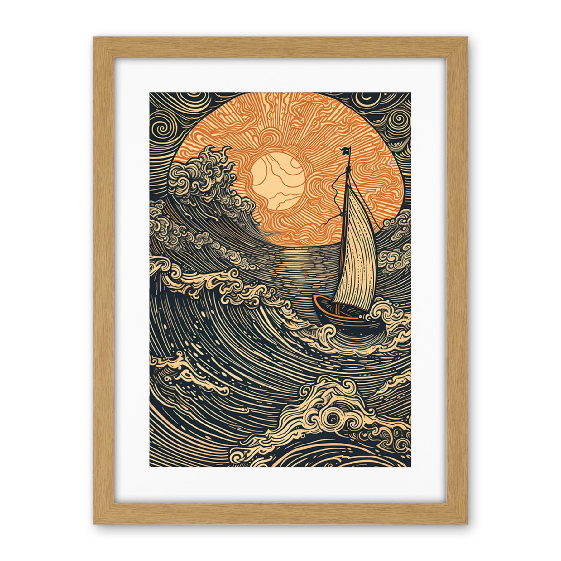 Artery8 Boat Sailing into the Sunset Linocut Illustration Artwork Framed Wall Art Print 18X24 Inch