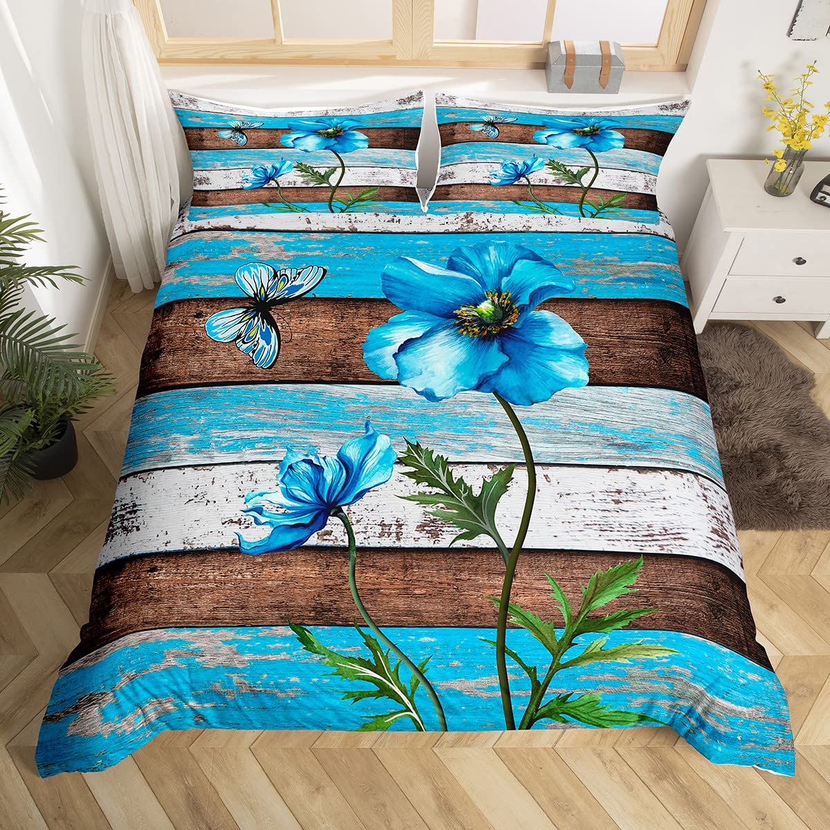 Manfei Blue Floral Duvet Cover Set King Size, Flower Butterfly Bedding Set 3pcs for Kid Boys Girls Bedroom Decor, Rustic Farmhouse Comforter Cover Vintage Wooden Plank Quilt Cover with 2 Pillowcases โ image 1
