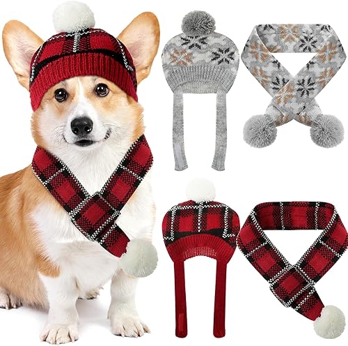 Miniatura 7 de Juego de 2 disfraces de Navidad para perro, sombrero de perro, bufanda de punto, gorros cálidos para invierno, bufanda bonita y cálida, accesorios