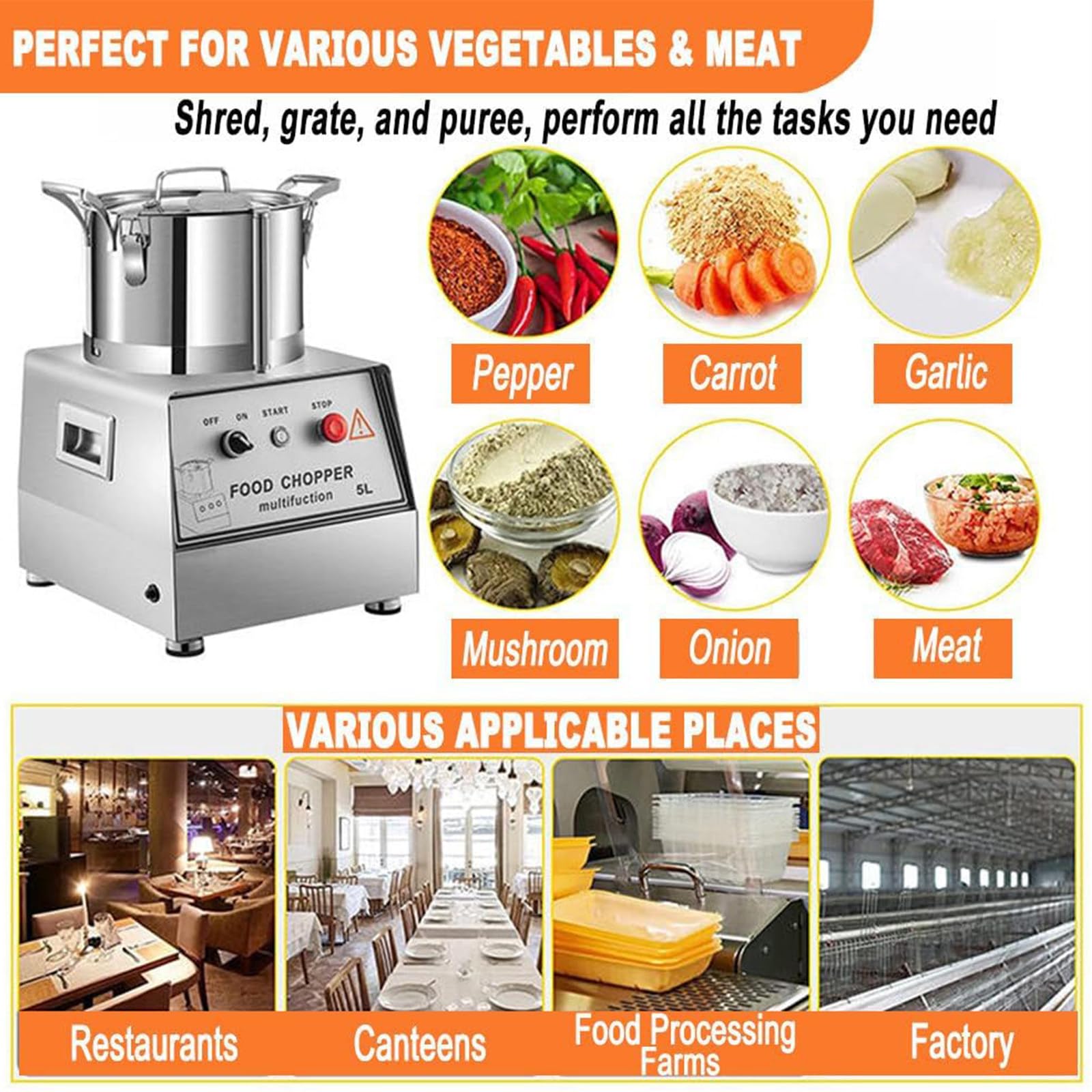 Procesador Alimentos Comercial 7L/10L/15L, máquina eléctrica picadora Verduras 1400W y 1400RPM, picadora Carne y procesador Verduras Acero Inoxidable para Frutas, Verduras y Carnes. 15L