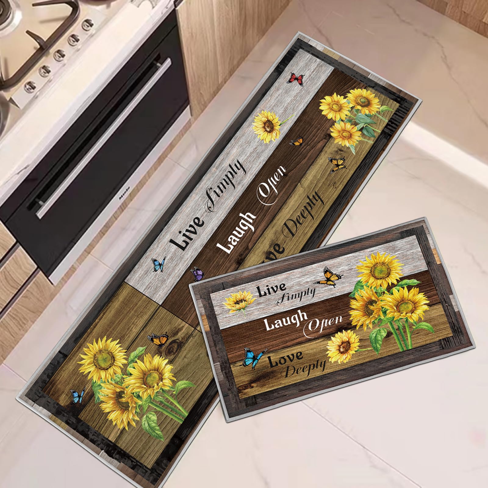 Set di 2 tappeti da cucina antifatica, tappetini da cucina per la decorazione della casa e l'ufficio, impermeabili, antiscivolo, tappetini da cucina comodi (Girasole, 43x75+43x150cm)