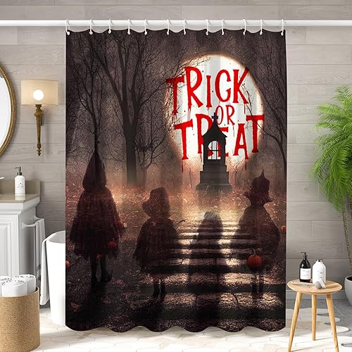 Miniatura 2 de Cortina de ducha de Halloween, diseño de bosque aterrador, fantasma, luna llena, cementerio, cortina de baño, impermeable, decoración de baño, juego