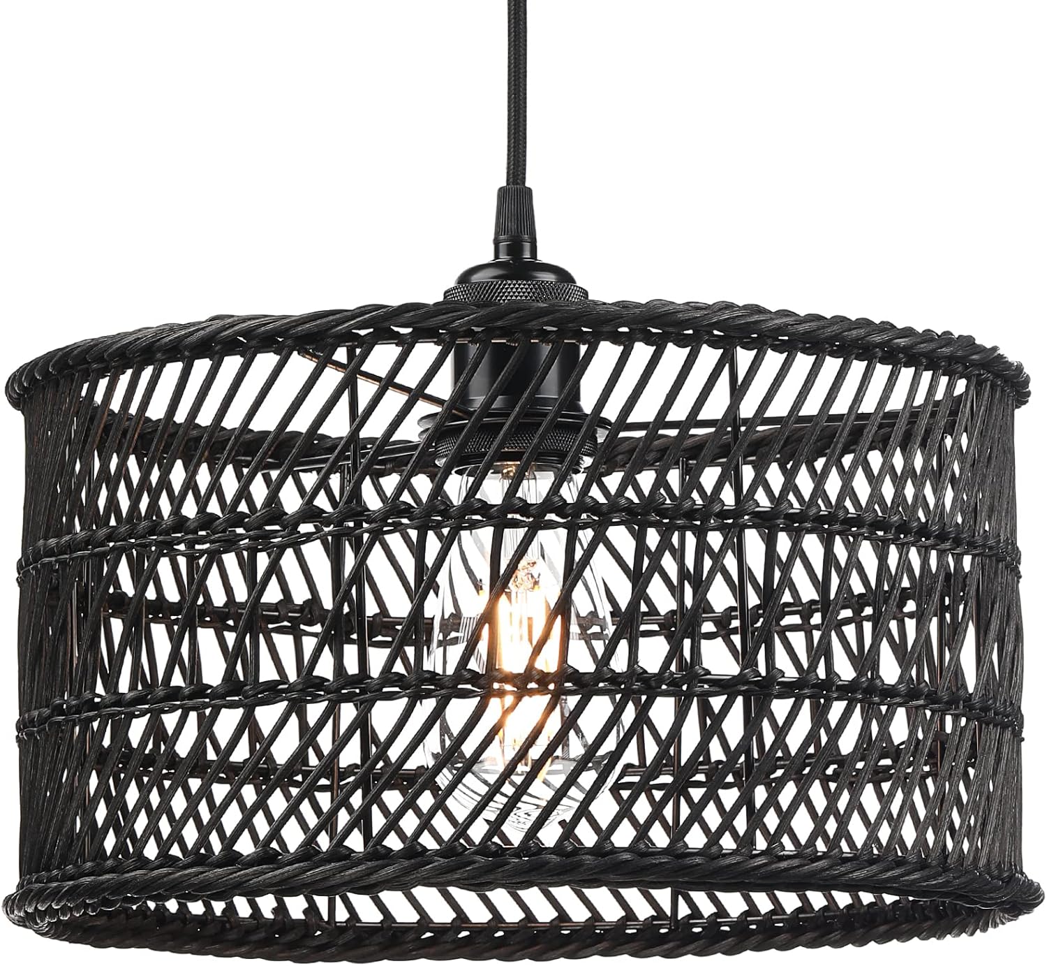 HOONEX Rattan Chandelier, Rattan Light Fixtures Ceiling, 14" Wicker Pendant Light for Dining Room Bedroom Kitchen Island, Black