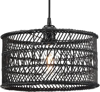 HOONEX Rattan Chandelier, Rattan Light Fixture Ceiling, 12.4" Wicker Pendant Light for Dining Room Bedroom Kitchen Island, Black