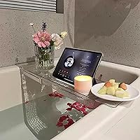 IEEK Expandable Acrylic Bathtub Caddy Tray with Wine Glass & Book Holder - Clear Bath Shelf for Relaxing Soaks