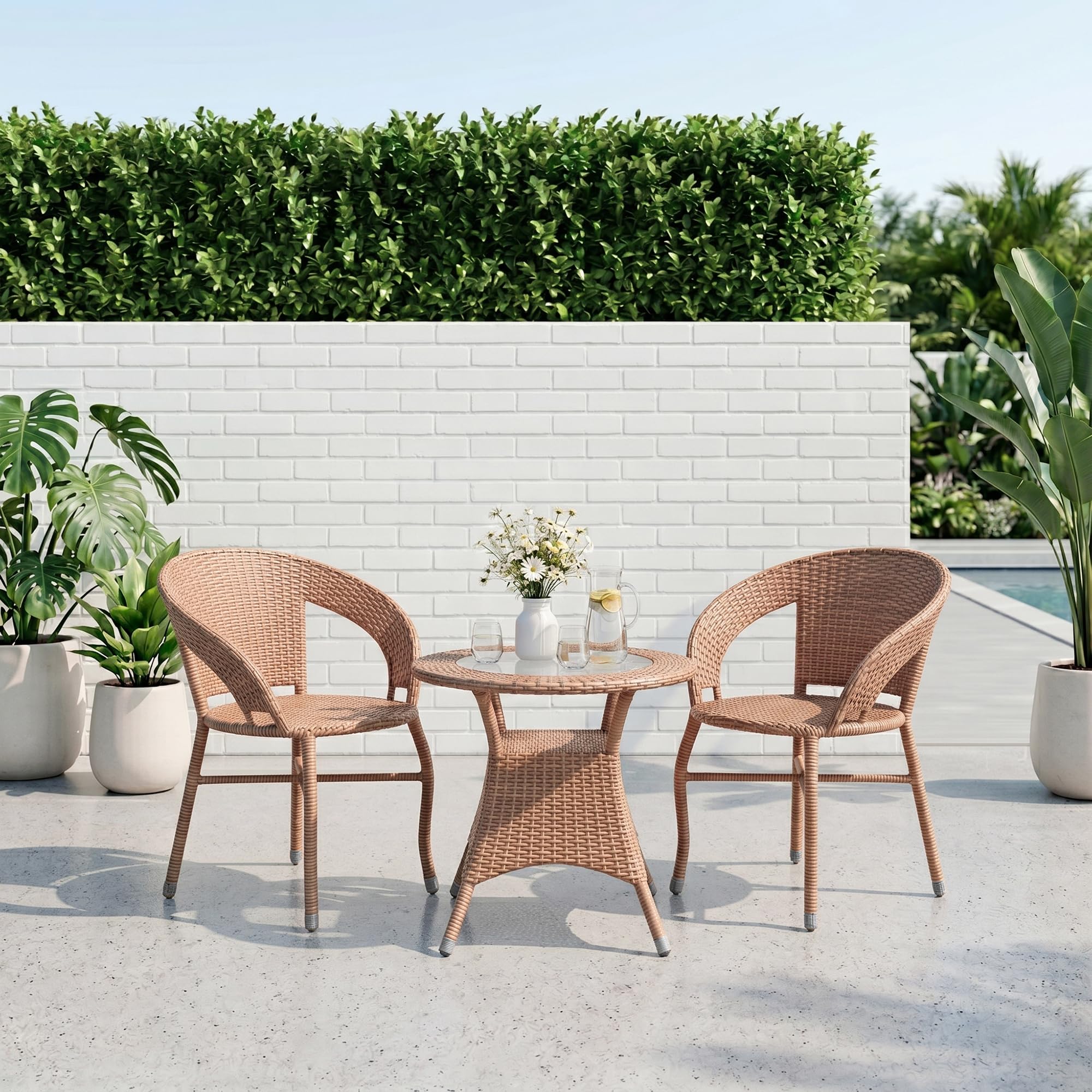 BRISHI 3-Piece Outdoor Rattan Wicker Patio Coffee Table Set | Garden Furniture for Balcony, Terrace, Porch & Poolside | Waterproof Bistro Sets for Home & Backyard (Light Brown)