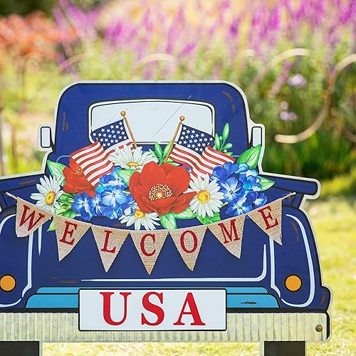 Miniatura 5 de Glitzhome Estaca patriótica de metal de 26 pulgadas de alto, letrero de pared para el Día Nacional Americano, decoración de pared para patio,