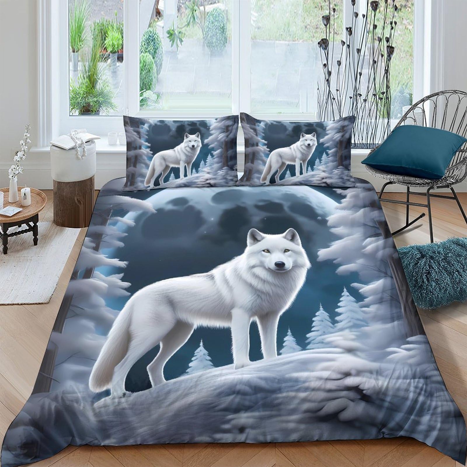 Ctjqhvkz Style-6 3D Printed White Wolf Fitted Sheet Microfiber Anti-Slip Forest Bed Cover Machine Washable Bedroom Decor Single（135X200cm）