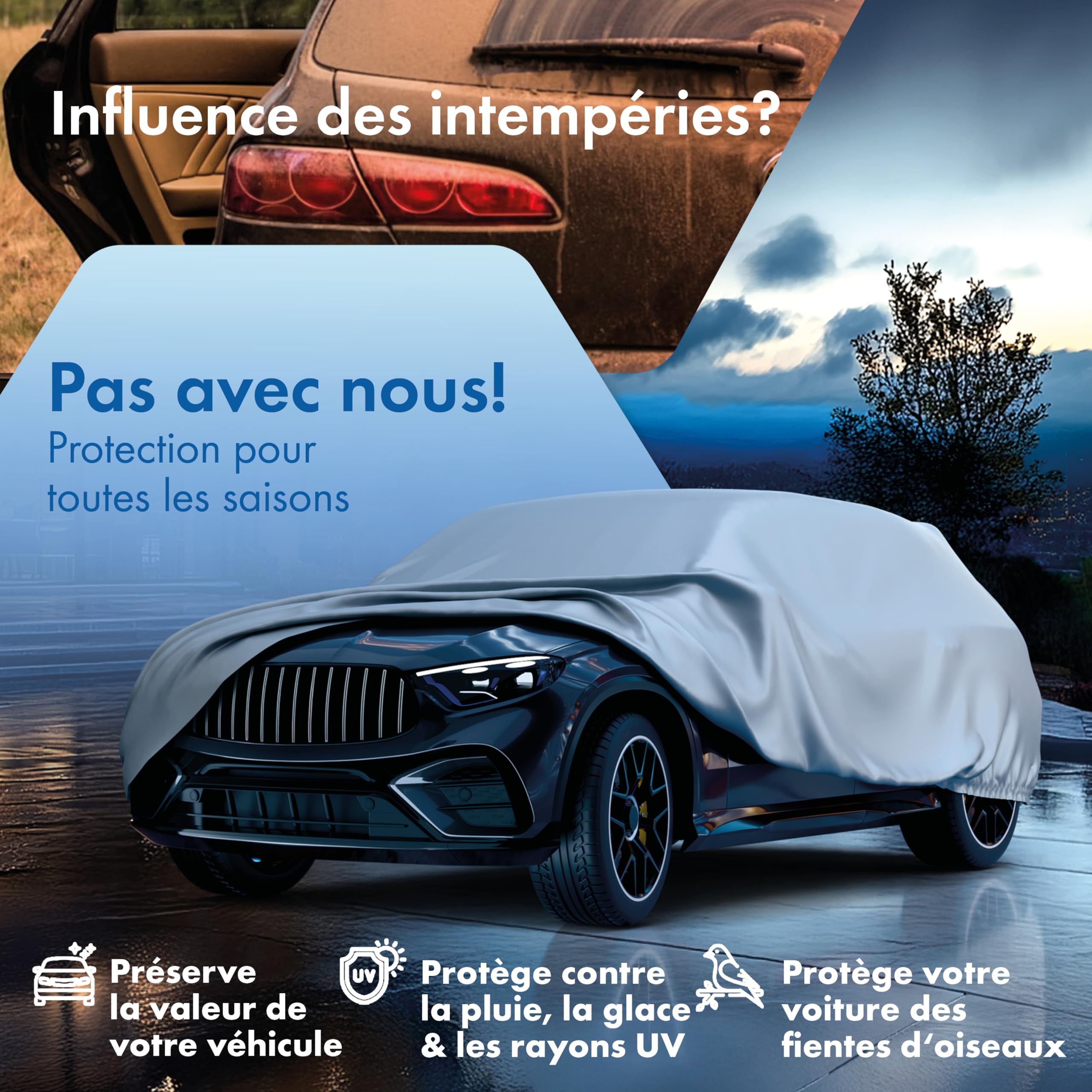 WALSER Bâche Voiture/Housse de Protection Auto Extérieure All Weather Basic - 100% Imperméable et Résistante aux Intempéries, Protection UV, Neige et Poussière, Taille 8, Argent