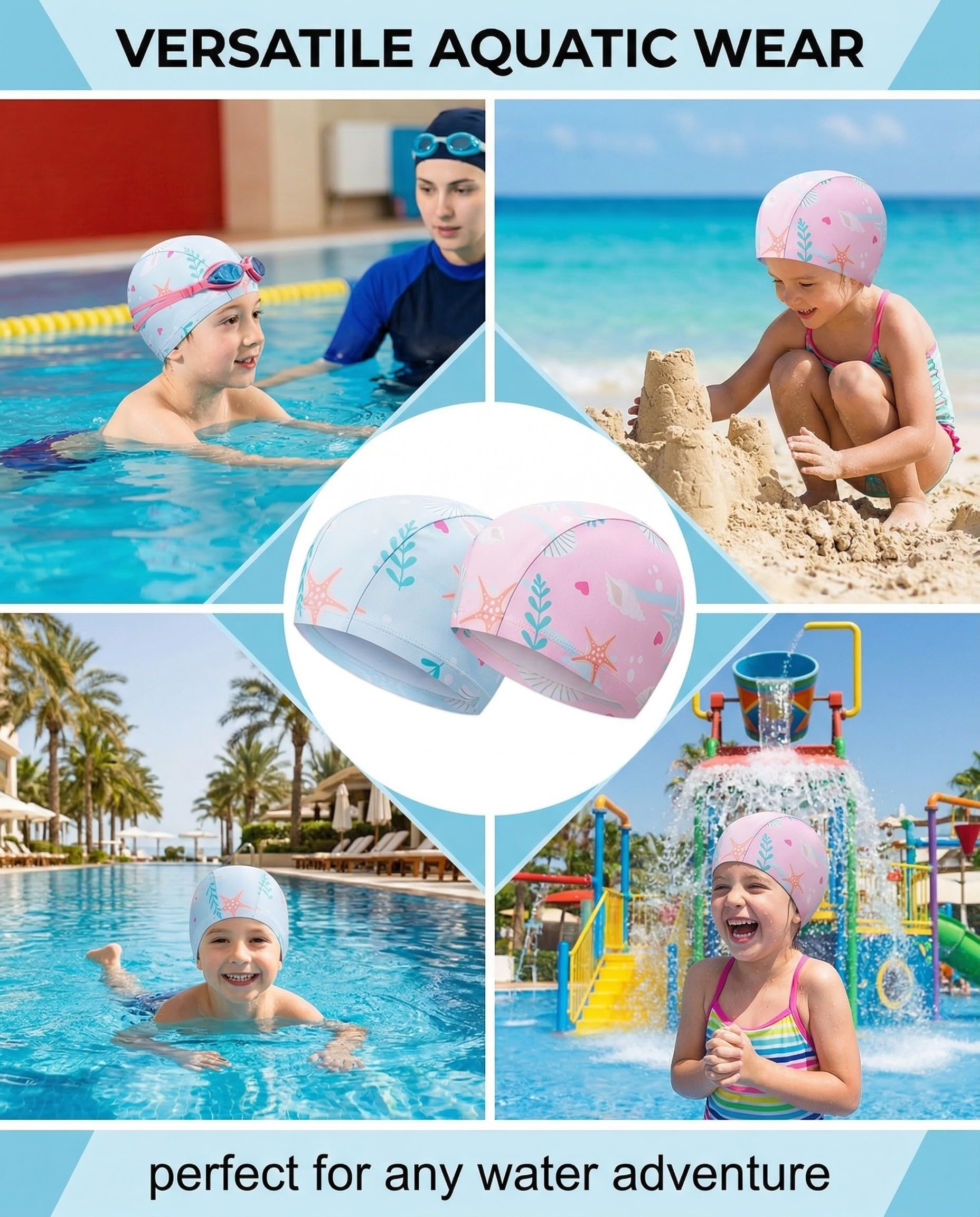 Lot De 2 Bonnets De Bain Enfant – Bleu Et Rose, Doux, Extensibles, Pour 3 à 10 Ans !