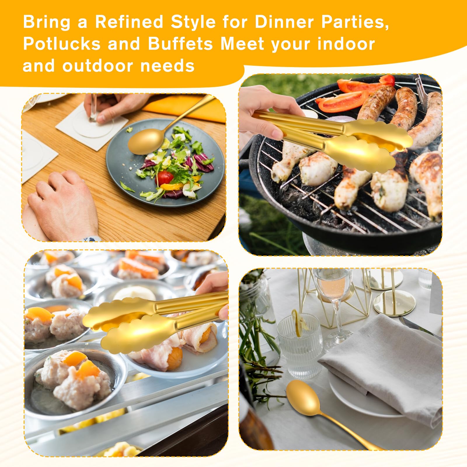 Juego de 12 utensilios de servir de acero inoxidable dorado, cucharas grandes, cucharas ranuradas, pinzas para servir, pinzas para aperitivos, juegos de utensilios para bufé, catering, banquetes y