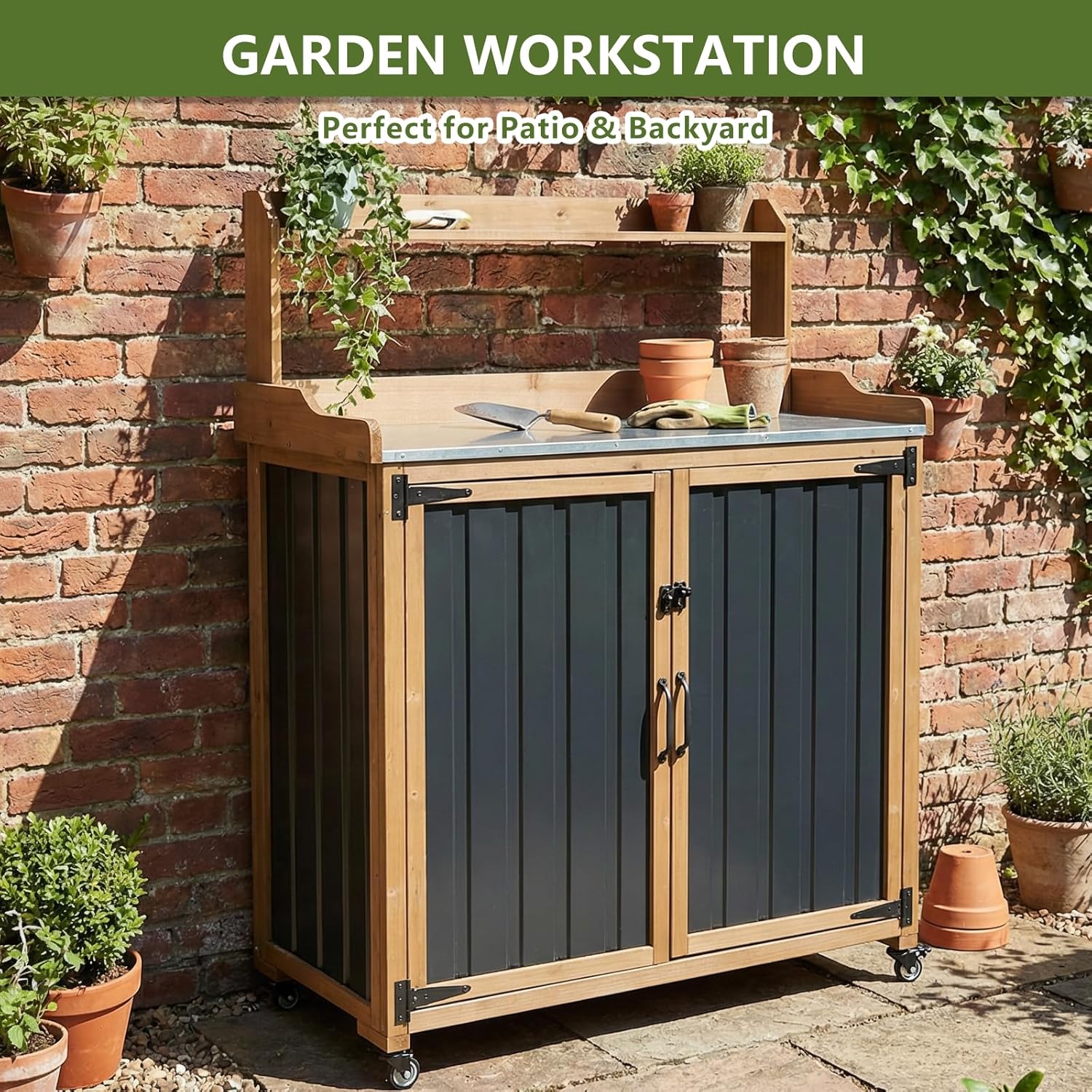 Outdoor Potting Bench with Storage, Potting Table with Metal Top, Garden Workstation Cabinet with Shelf, Rolling Outdoor Work Table for Backyard Patio Gardening