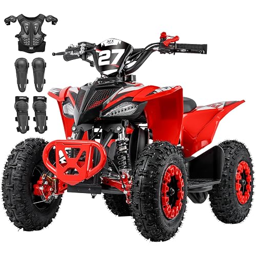Gas Powered Four Wheeler for Kids, 50cc 2-Stroke Mini Quad for Trail, Grass and Mud Riding, 31 Mile Range, Pull Start Engine, Parental Speed Control, Safety Gear Set Included, Red