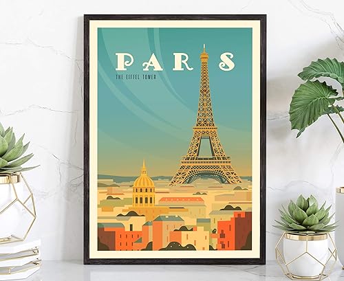 Póster de viaje de estilo retro de París Francia, impresión de póster rústico vintage de París, decoración de pared de oficina en casa, póster de