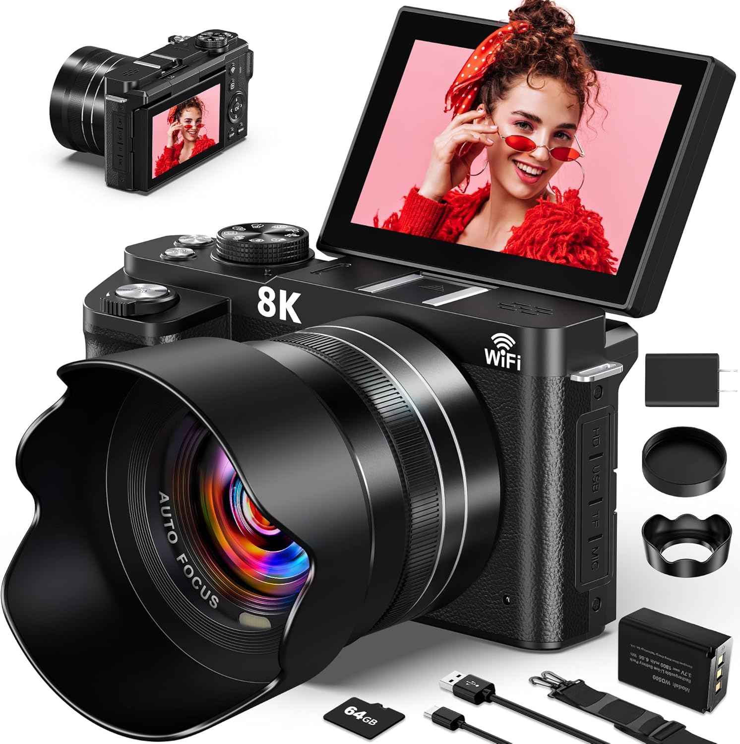 8K Digital Camera – 88MP WiFi Cameras for Photography – Autofocus Vlogging Camera for YouTube with 3″ 180° Flip Screen, 18X Zoom – UHD Video Camara for Beginner Photographer with Lens Hood, 64GB Card