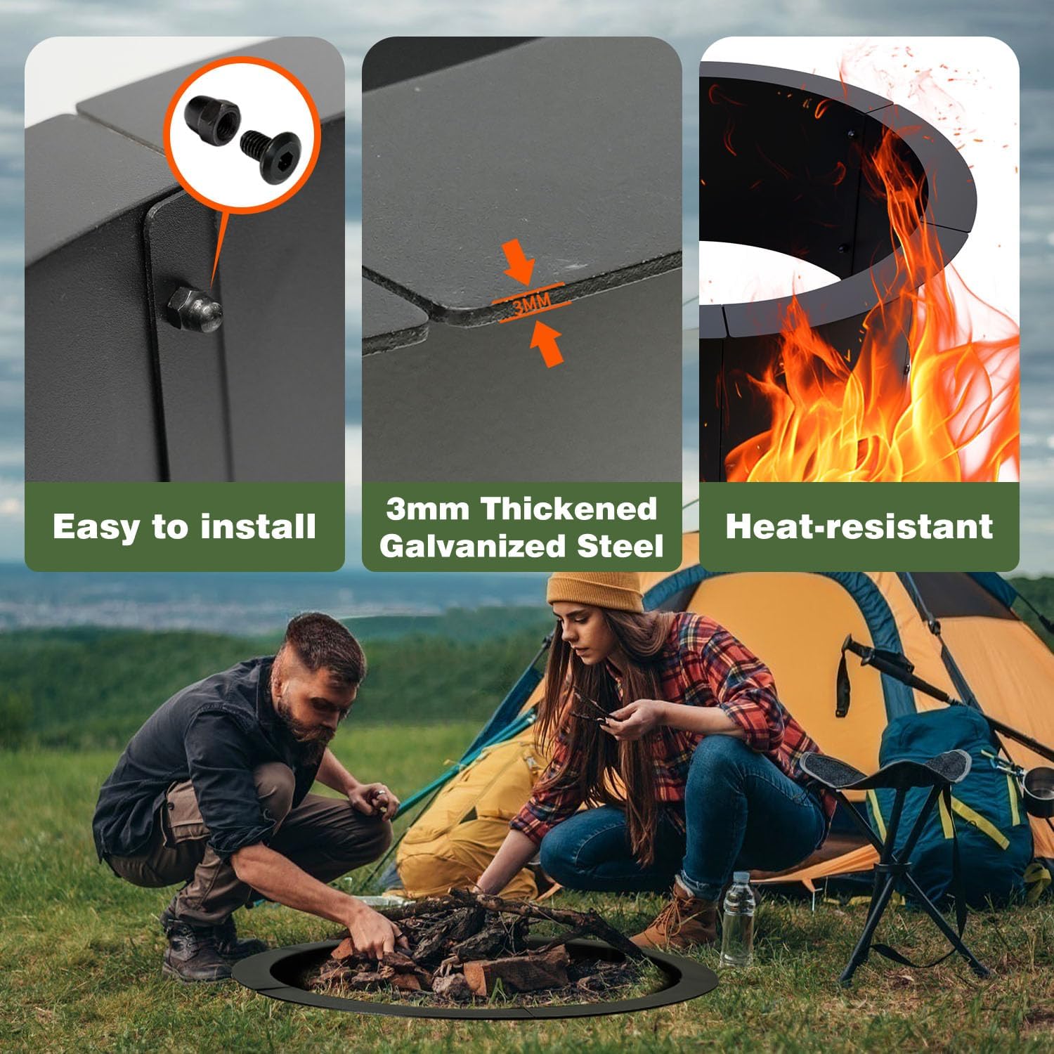 Fire Pit Outdoor Wood Burning Fire Pit Liner 43.3 Inch Camping Fire Ring Painted Steel Firepit Heavy Duty Campfire Ring Above or In-Ground for Bonfire Outdoor Backyard