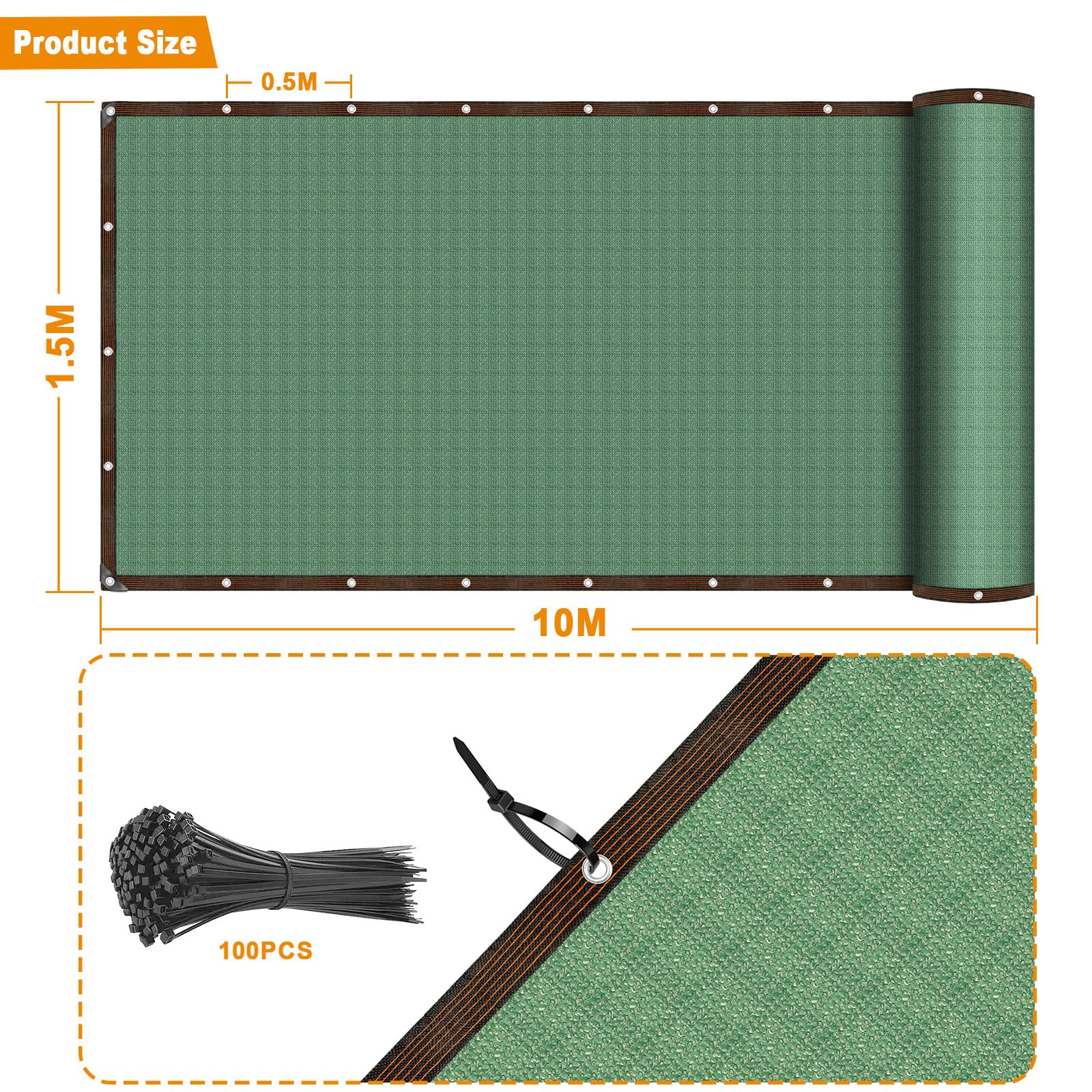 Rete per la privacy, 1,5 m x 10 m, con fori e 100 fascette per cavi, recinzione da giardino e frangivento, 110 g/m², HDPE 85% UV, per la privacy, l'area degli animali domestici e la