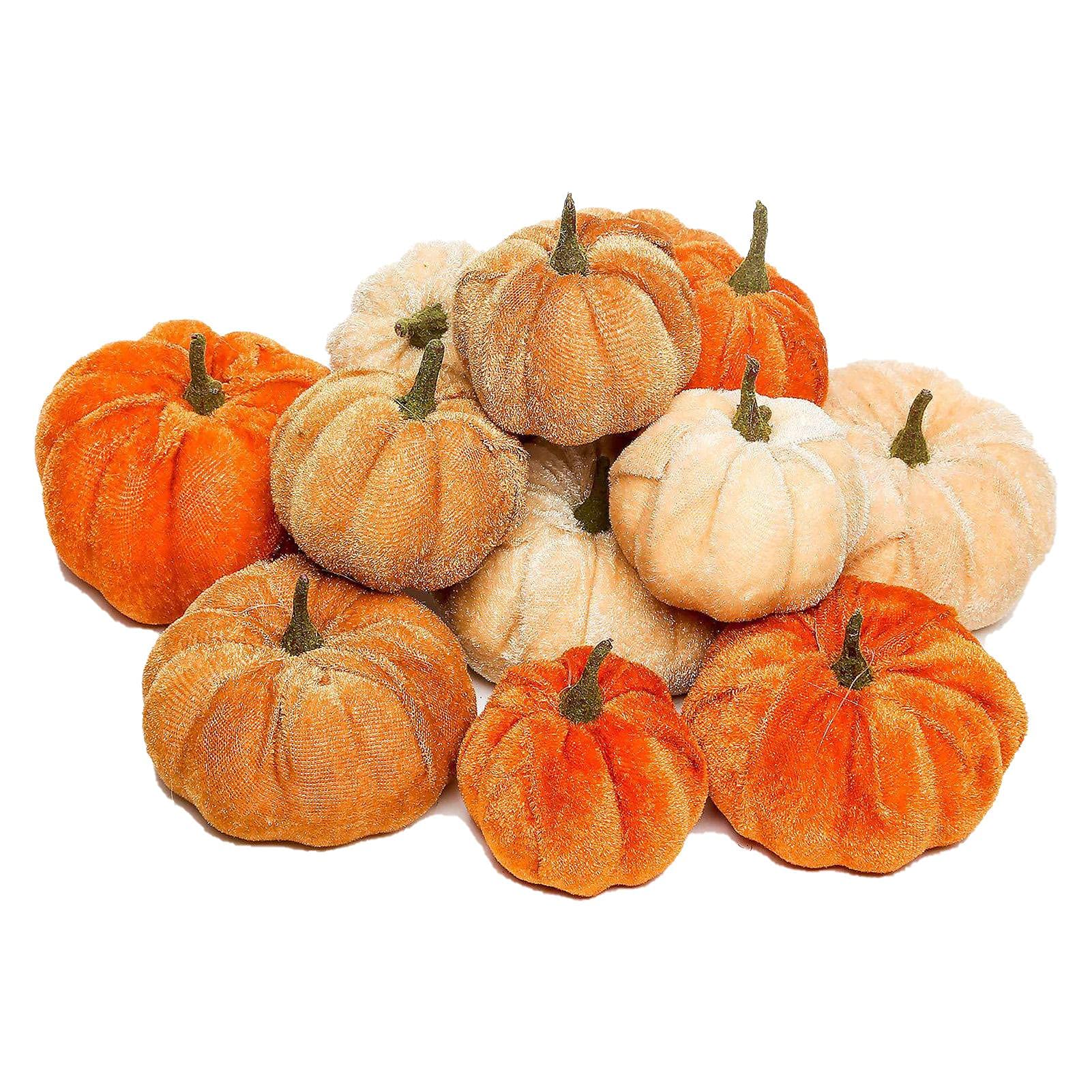 ORTUH 12pcs Artificial Assorted Velvet Pumpkins - Gold Blue Pumpkins For Halloween, Fall Thanksgiving Decorating Harvest Embellishing And Displaying - Rich Colors And Soft Texture