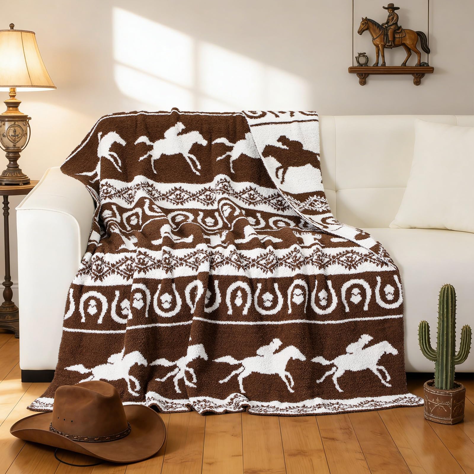 Buryeah Coperta reversibile in maglia rodeo occidentale 127 x 152 cm, stivali da cowboy con design di cactus, morbida e accogliente decorazione per caffè fattoria sud-occidentale regalo per divano