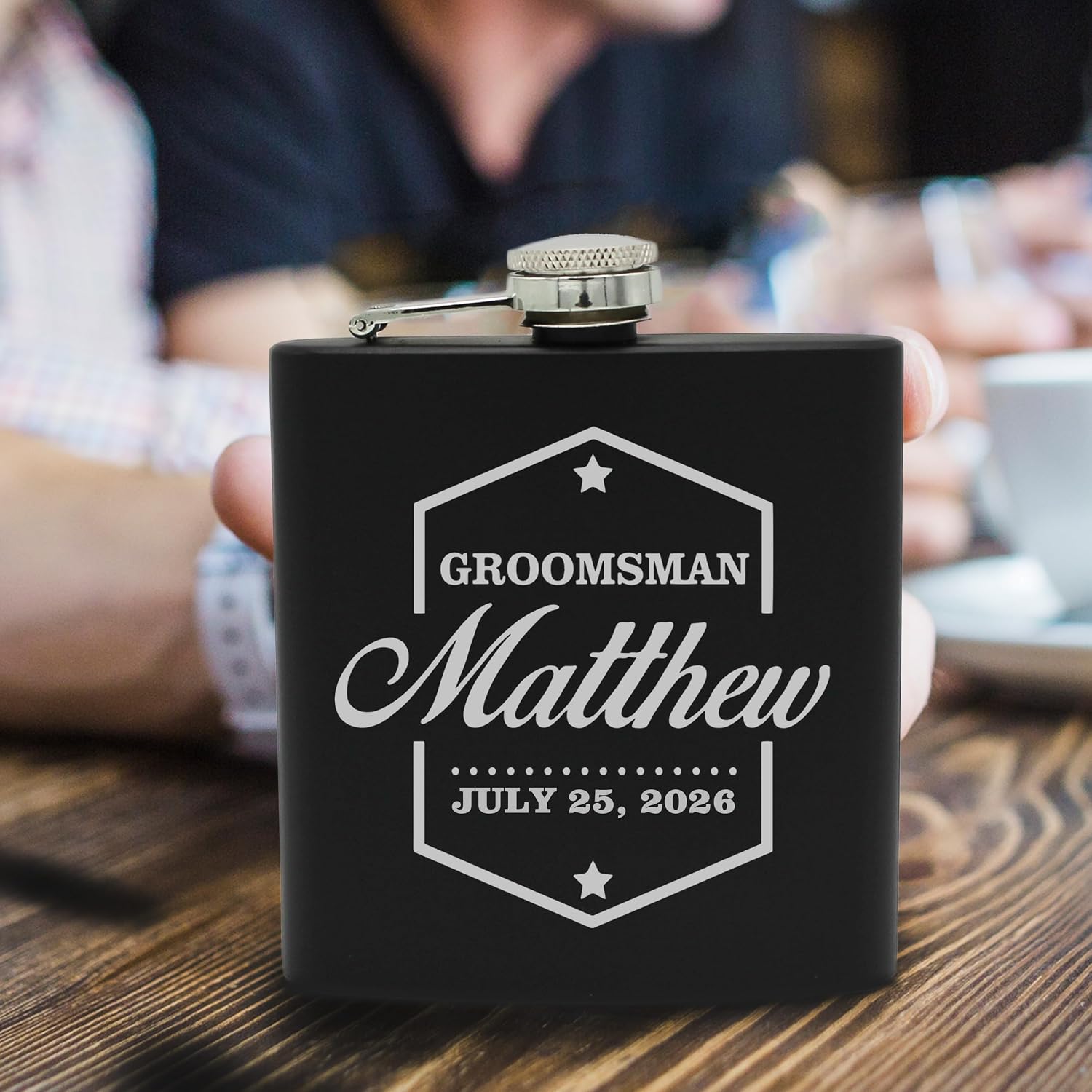 My Personal Memories, Engraved Personalized Groomsmen Flasks Gift Box Set - Wedding Favors - Custom Monogram Groomsman - Badge Style - Black