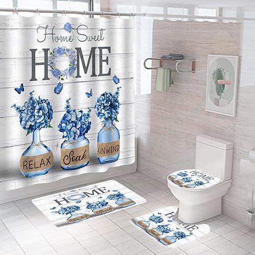 Miniatura 3 de ALEXEX Juego de 4 cortinas de ducha de hortensias azules, juego de baño Home Sweet con cortina de ducha y alfombras y accesorios, cortina de ducha