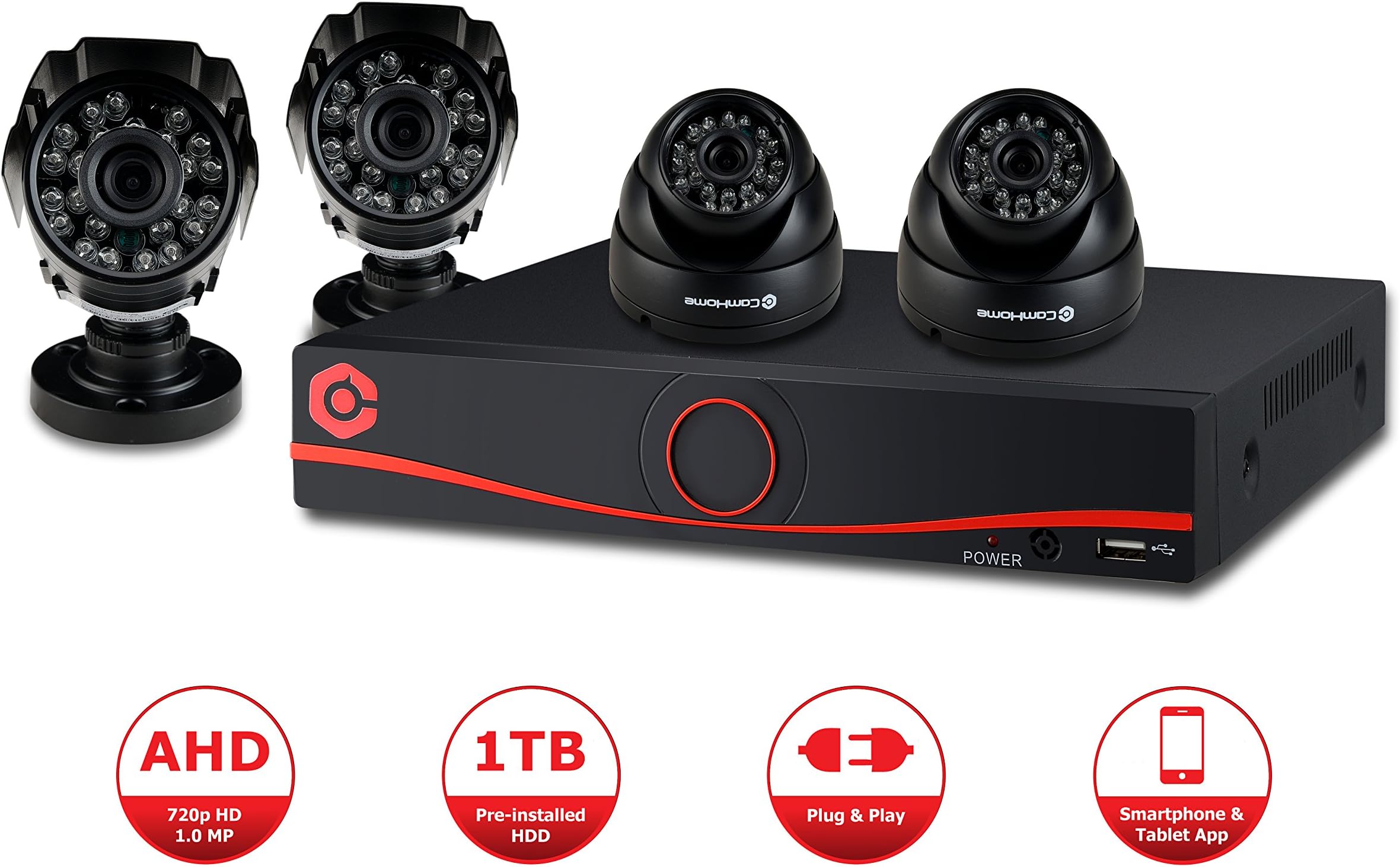 IP 4-Channel 720p AHD Wired Security System [Includes 1TB Hard Drive, Night Vision, Four 1.0 Megapixel Cameras, Dedicated app.]