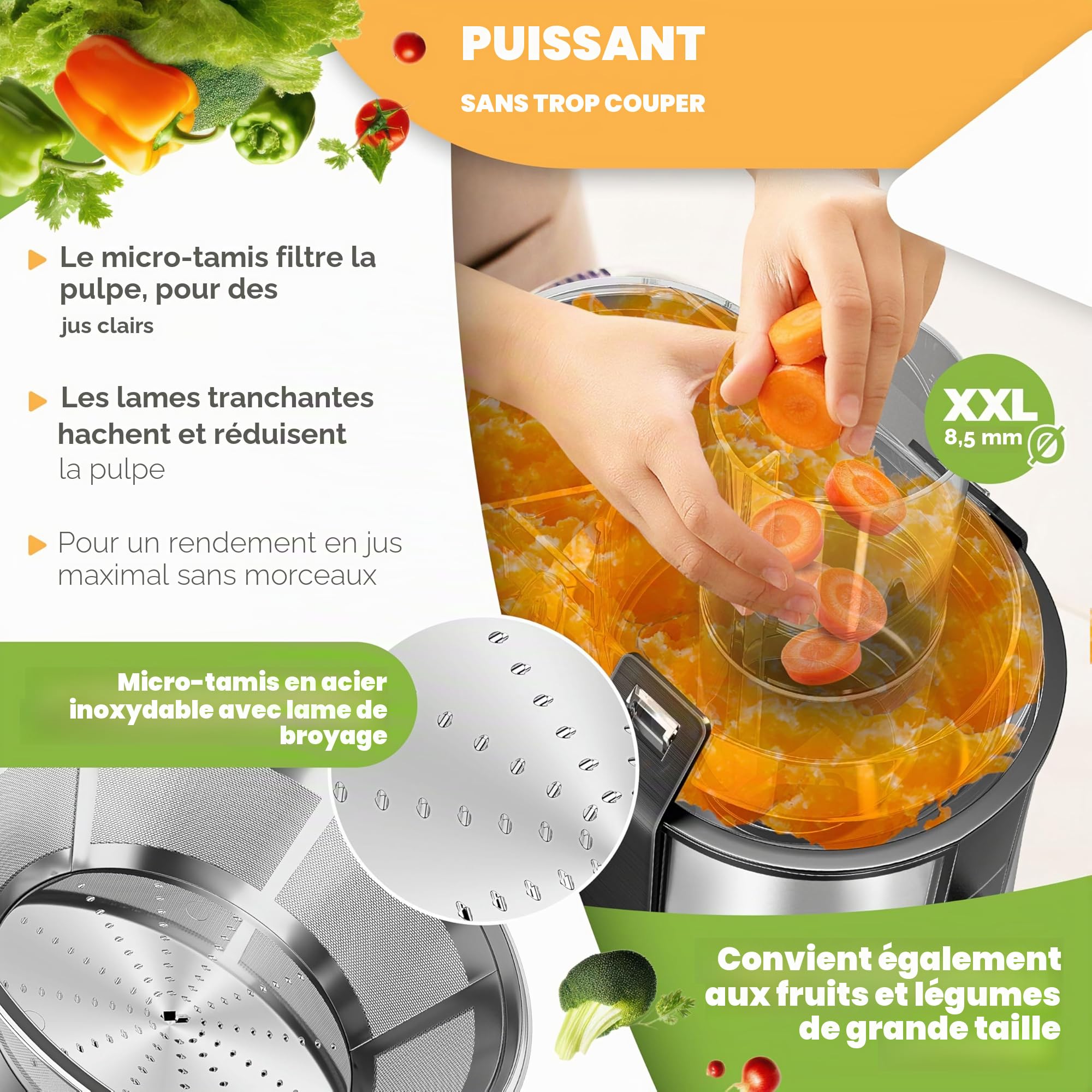 KESSER - Centrifugeuse en Inox Fruits et légumes 1100W, Extracteur de jus, Capacité 1L, Ouverture 85mm