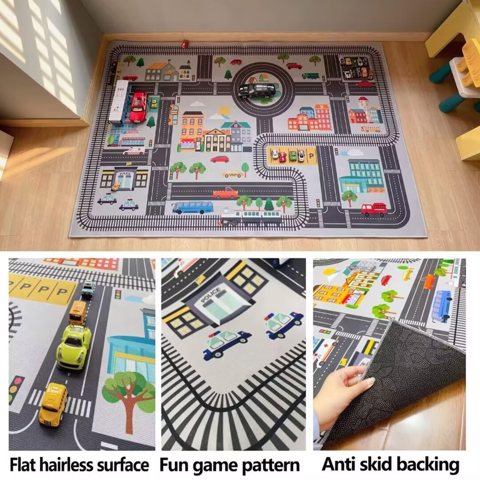 Mata do zabawy City Toy Activity Playmat Road, Mata do zabawy dla samochodzików i pociągów z widokiem na miasto, antypoślizgowy spód, różne rozmiary(Grey,62.9in*90.5in)