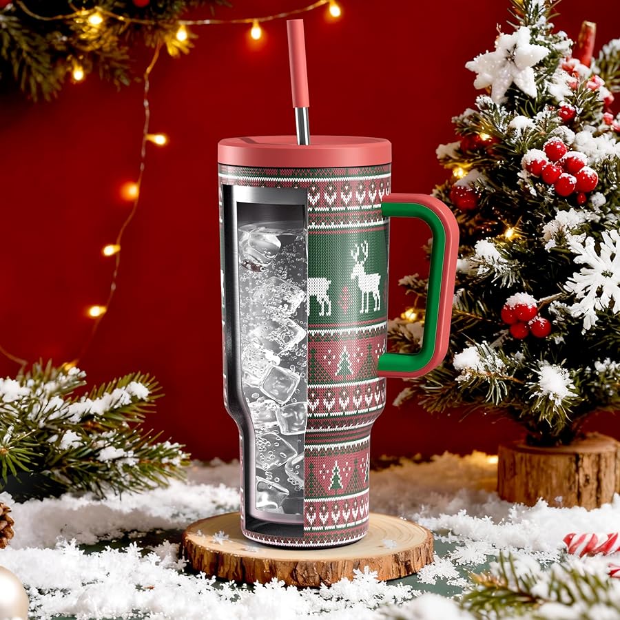 Meoky 40 oz Christmas Tumbler with Handle and Straw, Xmas Tumbler with Lid and Straw, Insulated Stainless Steel Travel Mug, Christmas Gifts for Women Men Adults (Jolly Reindeer) - image 2