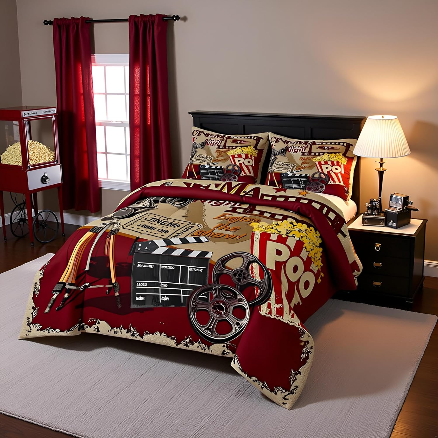 Teens Retro Cinema Comforter Set Queen Size,Movie Theater Theme Bedding Set for Kids Boys Girls Bedroom Decoration,Popcorn and Film Bed Duvet Insert,Vintage Cinema Ticket Comforter with 2 Pillowcases