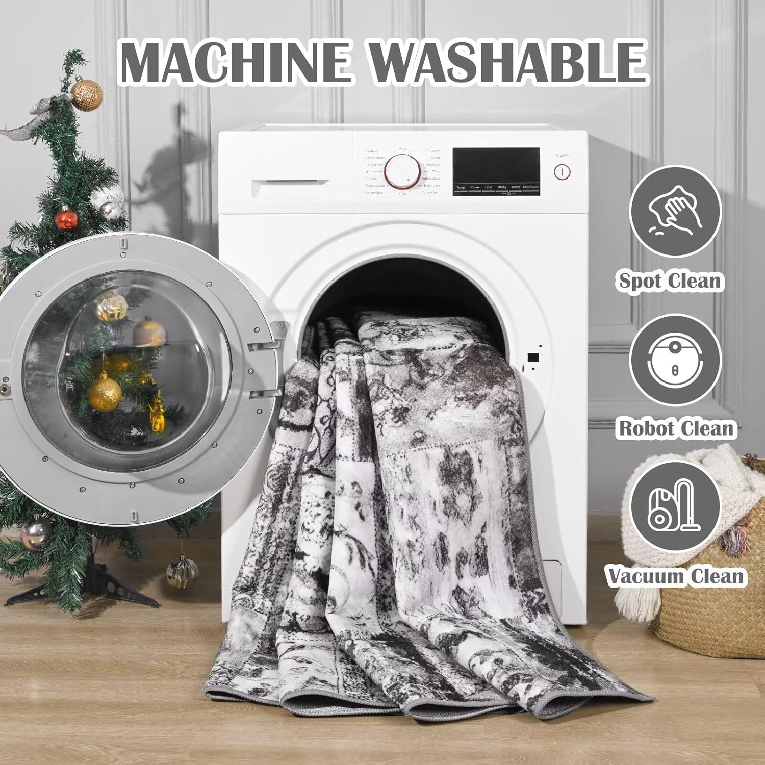 8x10 Area Rug, Black and White Rugs for Living Room, Washable Abstract Carpet for Bedroom, Foldable, Stain Resistant, Non Slip, Low Pile Soft Indoor Carpet for Nursery, Dorm, Dining Room