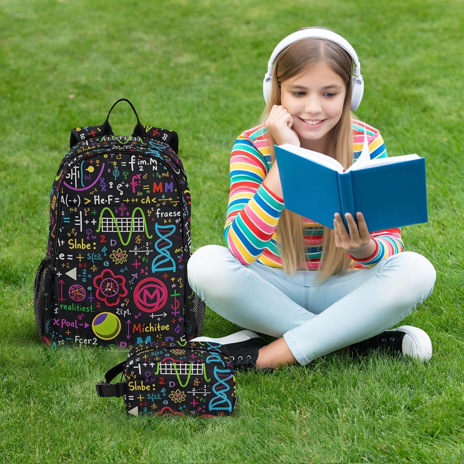 ALAZA Colorful Math Science Geometric Backpack and Lunch Bag Set Back Pack Bookbag Cooler Case Kits