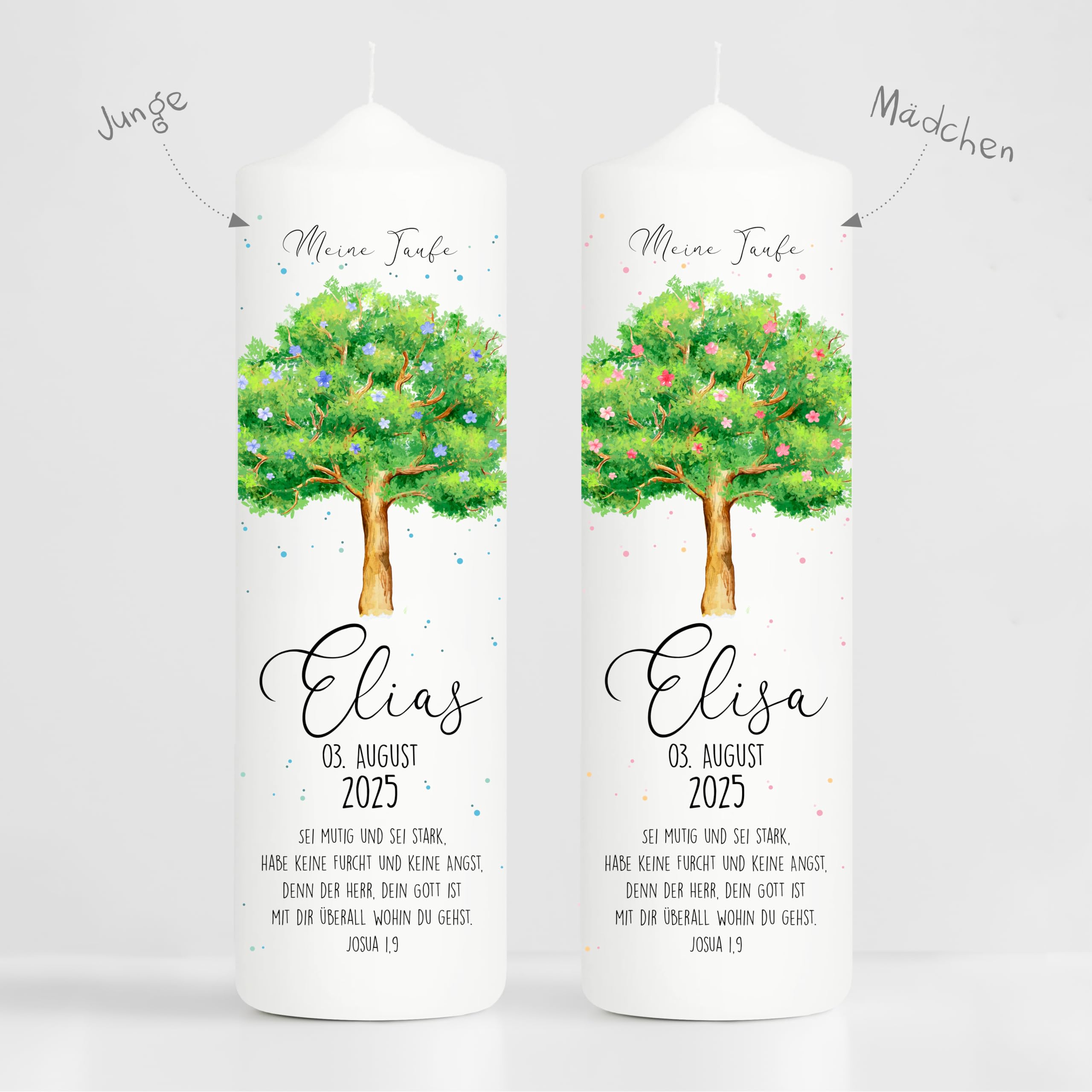 Wandtattoo Loft Taufkerze + Patenkerze Junge Motiv Lebensbaum mit Blüten, 25 cm x 7cm, personalisierte Kerze, bedruckte Kerze zur Taufe, Stumpenkerze, individuelles Taufgeschenk