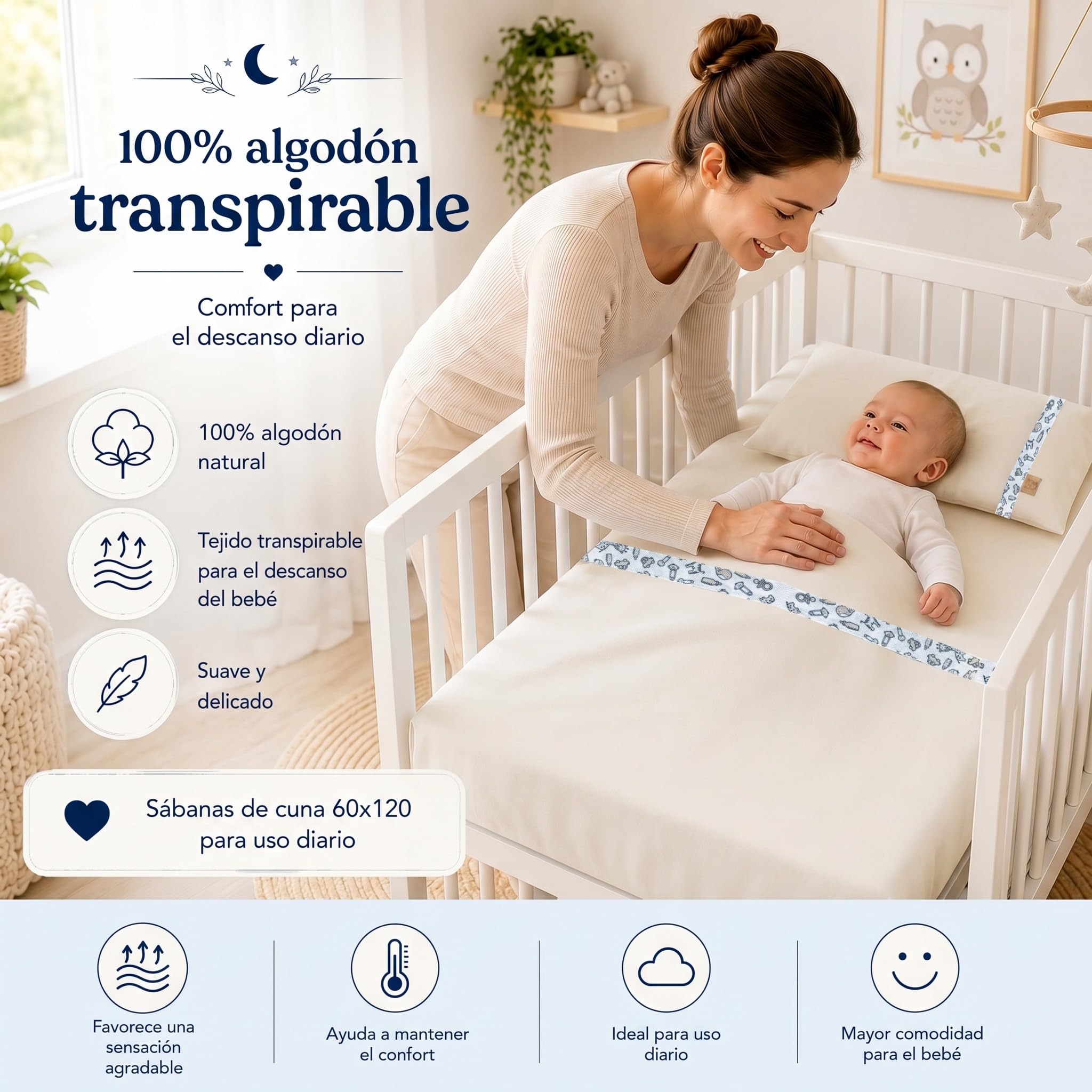 Sabanas Cuna 60x120 Algodon para Bebé, Juego Completo 3 Piezas con Bajera Ajustable, Encimera Y Funda De Almohada, 100% Algodón Suave para Descanso Diario (Crema)
