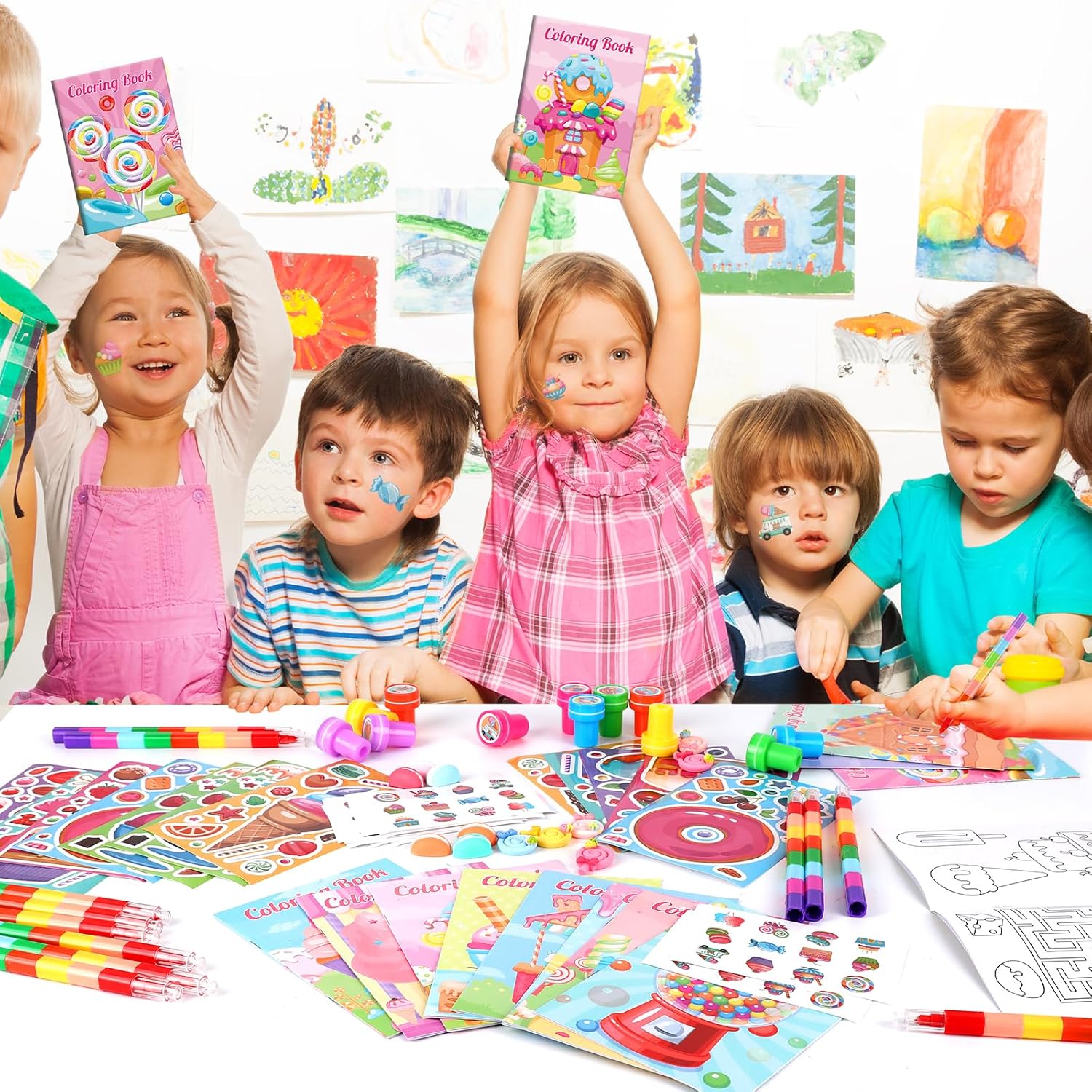 BenLouis 168Pcs Candyland Party Favors Ice Cream Donut Coloring Book Crayon Stickers Set Bulk for Kids Cupcake Lollipop Sweet Treats Birthday Gift Bag Desserts Pinata Filler Classroom Reward Crafts