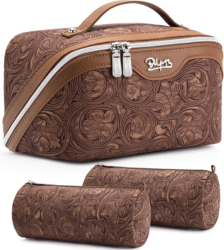 Necessaire de maquiagem BOYATU com estojos removíveis, estampa floral, zíper e alça, 3 unidades, 19-Brown