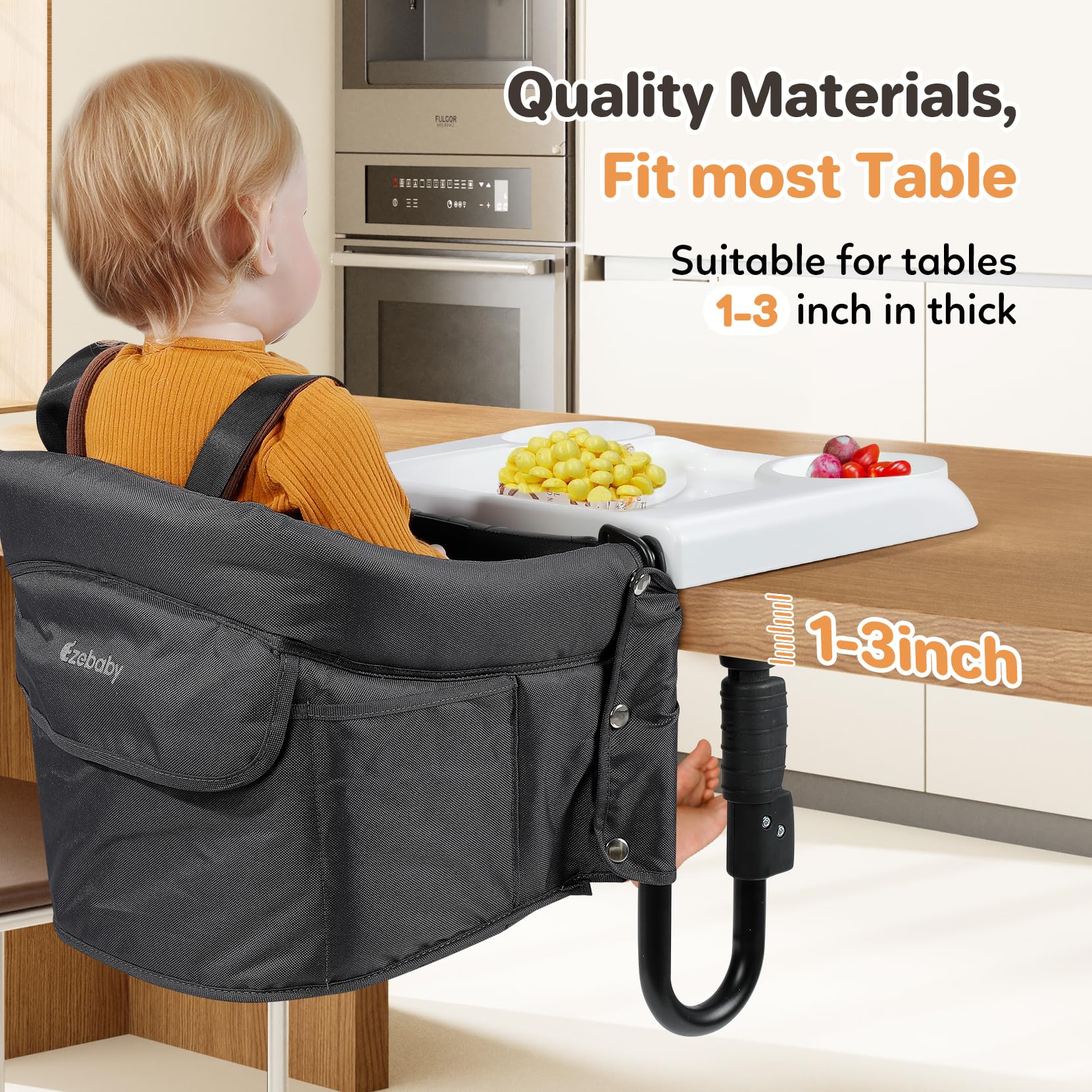 Ezebaby Seggiolone da Tavolo Pieghevole con Cintura di Sicurezza a 5 Ppunti e Borsa per il Trasporto di Spessore da 2,5 a 7,5 cm (Nero, con Vassoio)