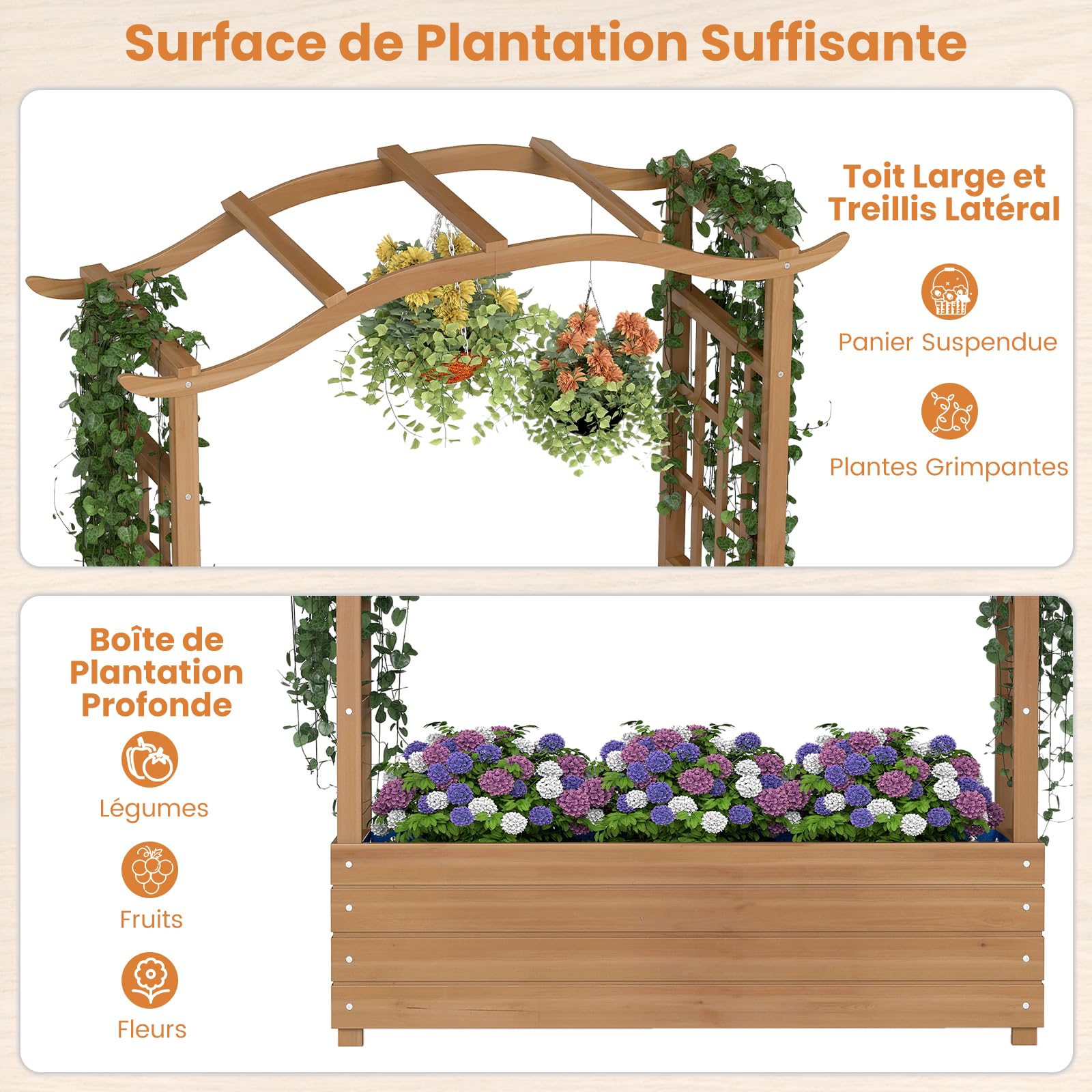 RELAX4LIFE Jardinière Surélevée avec Treillis Latéral & Supérieur, Jardiniere sur Pied avec Treillis en Bois, Trous de Drainage, Potager Extérieur pour Plantes Grimpantes