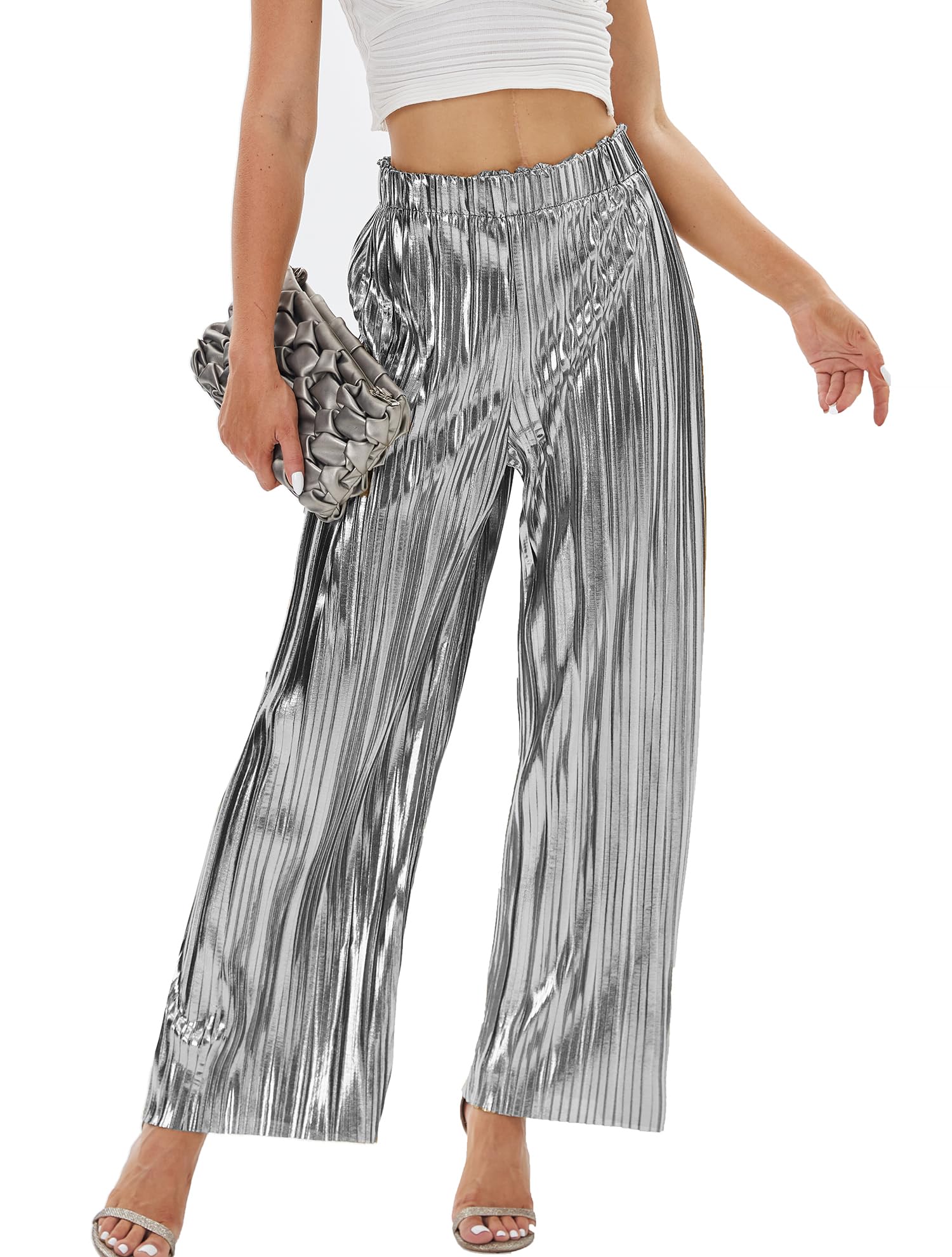 Fakanhui Pantalon Palazzo métallique à jambes larges pour femme, doré, argenté, décontracté, robe de soirée, soirée