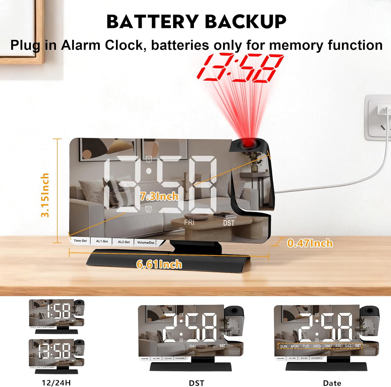 SZELAM Digital Clock,Alarm Clock Bedside with Projection,7.3" Mirror Clock with 180°Rotating Projector,Dual Alarm with 3 Mode,Brightnee Adjust,DST,Snooze,Charging Port,5 Levels Volume for Desk Teens