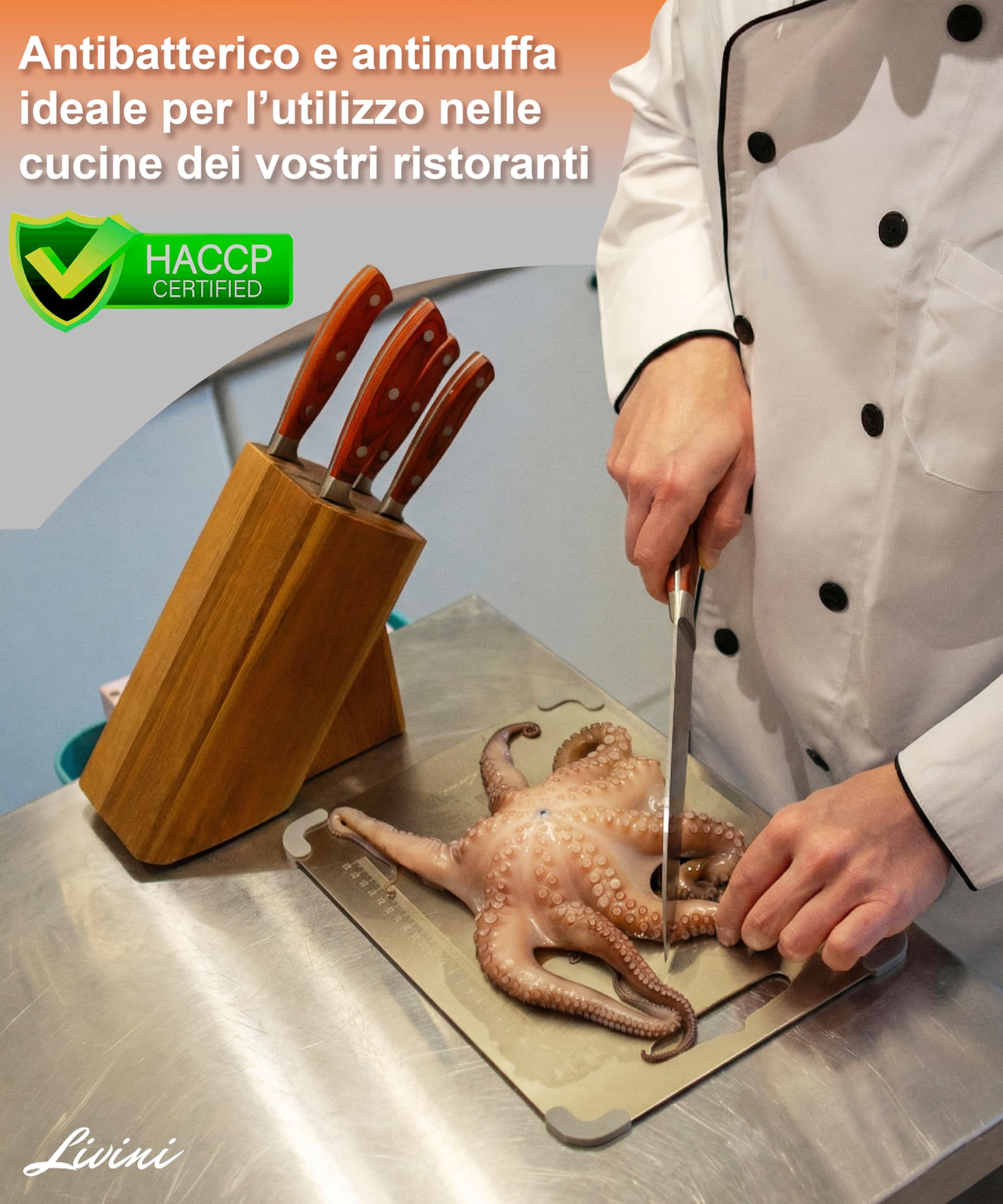 LIVINI Tagliere in Acciaio Inox 304 Alimentare 34x23cm, Tagliere da Cucina Professionale con Angoli Antiscivolo Rimuovibili in Silicone Antibatterico, Righello inciso per un Taglio preciso