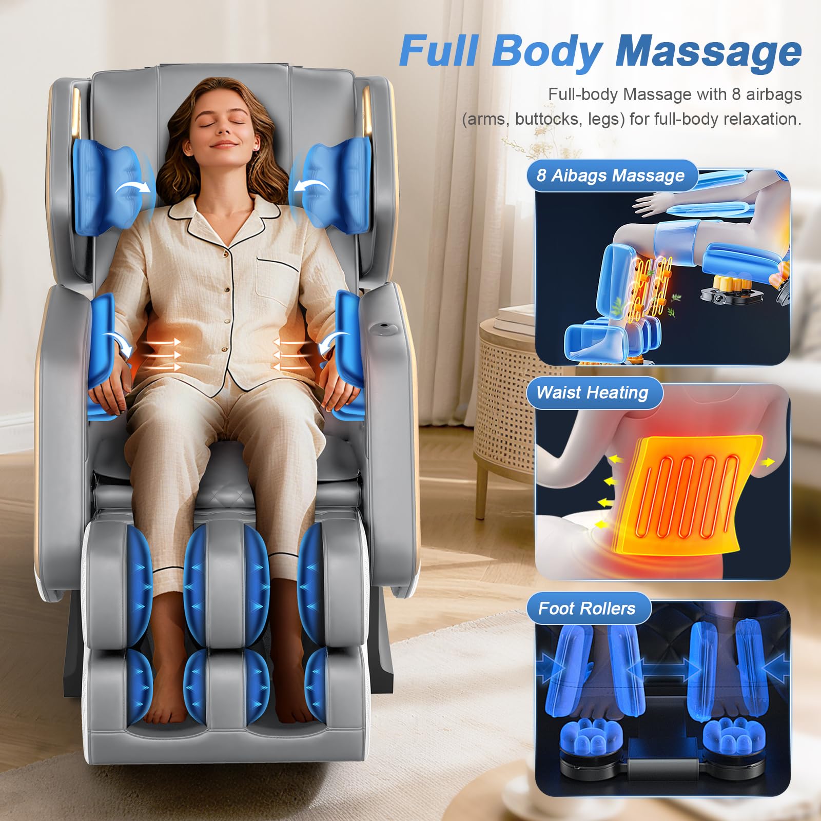 Poltrona massaggiante, Poltrona reclinabile con massaggio completo a 14 rulli, 8 airbag massaggianti, funzione di riscaldamento, massaggio ai piedi, altoparlante Bluetooth, telecomando touch