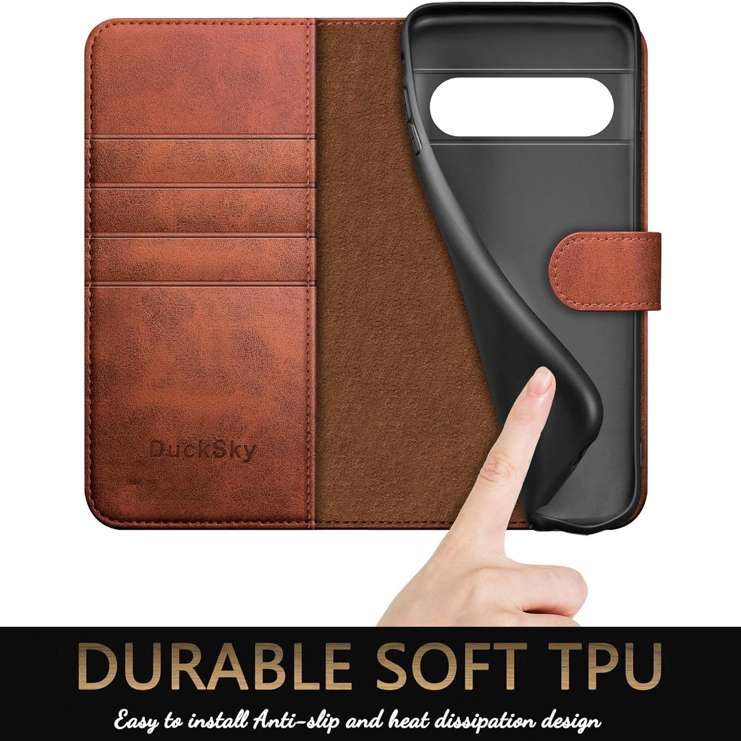DuckSky for Google Pixel 8 5G Genuine Leather Wallet case 【RFID Blocking】【4 Credit Card Holder】【Real Leather】 Flip Folio Book Phone case Protective Cover Women Men for Pixel8 case Light Brown