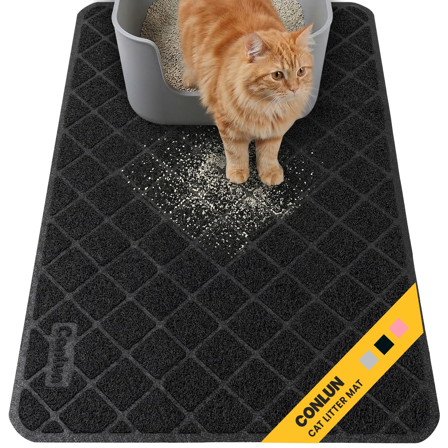 Conlun Katzenklo Matte Katzenstreu Matte, 61 x 43 cm Katzenklo Vorleger, Gitter Netz Streukontrolle Design Katzenklo Unterleger, Wasserdichtes Urinbeständiges Material, Leicht zu Reinigen (Schwarz)