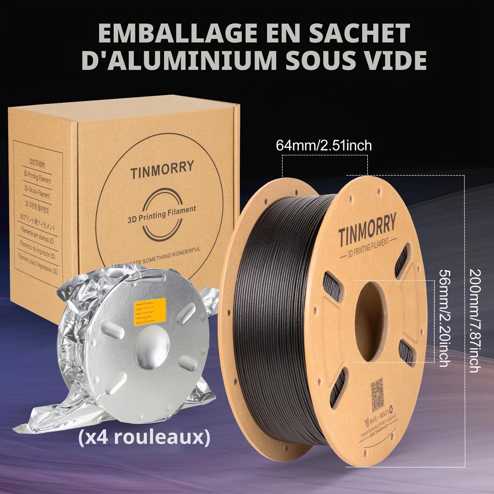 TINMORRY Filament PETG GF 1,75 mm, filament imprimante 3D 1 kg X4, Noir givré
