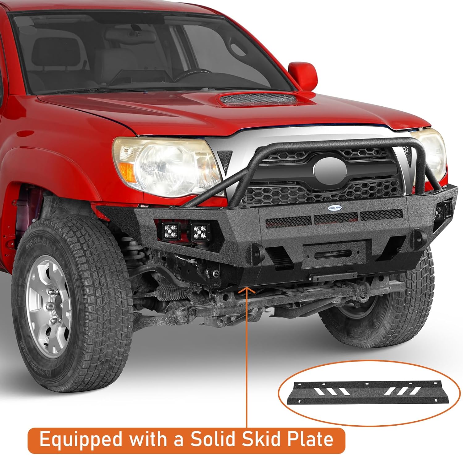 Hooke Road 05-11 Tacoma Front Bumper for Toyota Tacoma 2nd Gen 2005 2006 2007 2008 2009 2010 2011 Pickup, Rock Crawler Bumper w/Winch Plate, Skid Plate & D-ring Mounts