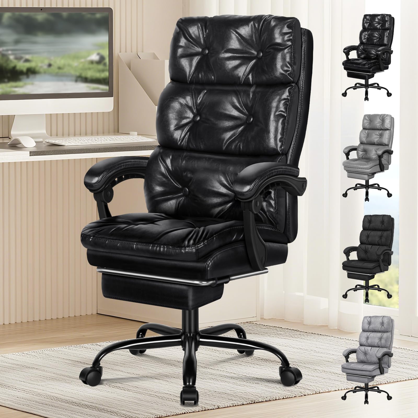 ELFORDSON Executive Office Chair with Dual-layer Cushion, Computer Desk Chairs with Armrest Footrest, High Back 150° Recliner Tilting 360° Swivel, Loads 180KG, PU Leather, Black