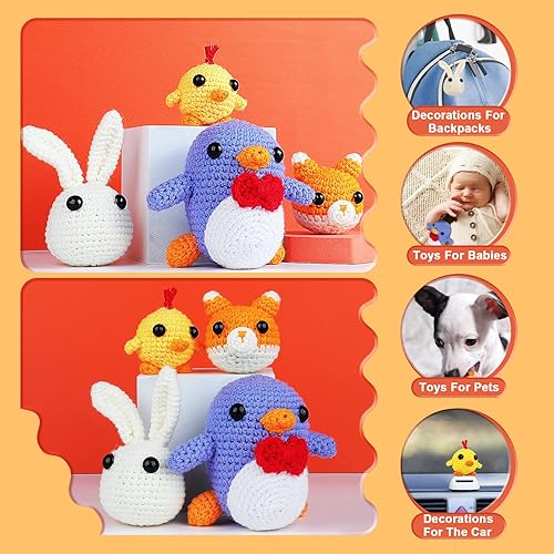 Miniatura 4 de Coopay Kit de ganchillo para principiantes kit de animales de ganchillo 4 en 1 - Pingüino, pollo, conejo y zorro, juego de ganchillo para