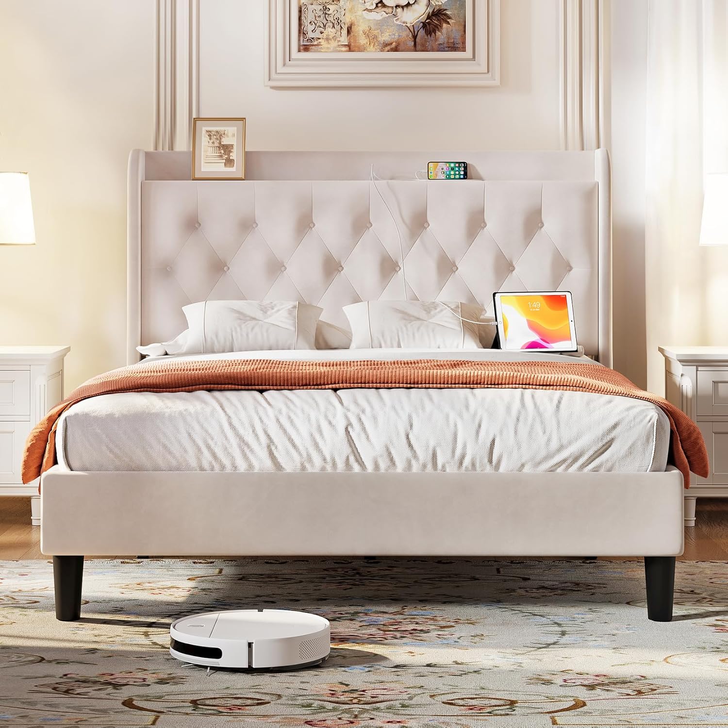 Koorlian Queen Velvet Bed Frame, Adjustable Upholstered