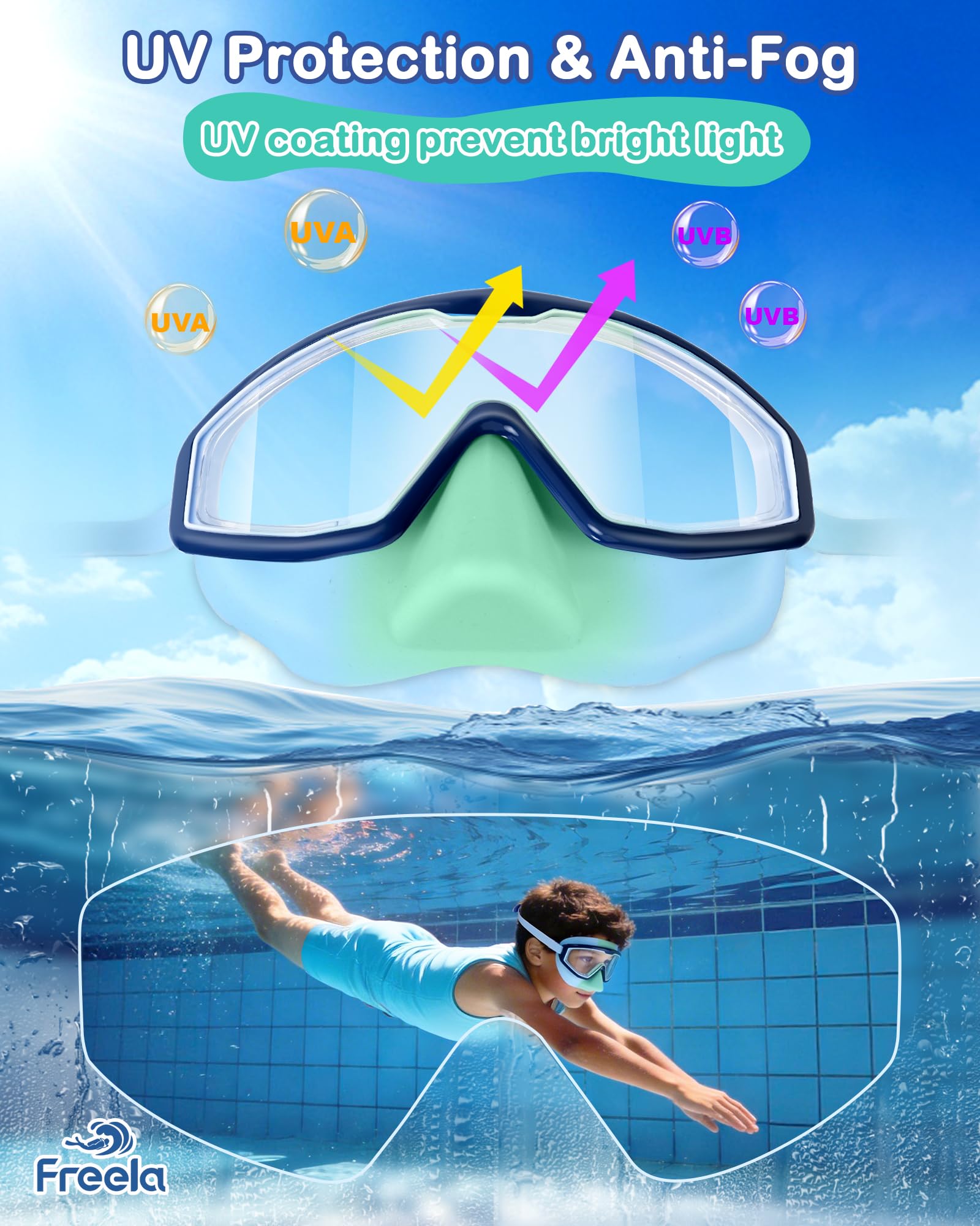Freela Gogle pływackie dla dzieci w wieku 3-12 lat z osłoną na nos, szerokie pole widzenia 180°, przeciwmgielne okulary pływackie UV dla chłopców i dziewcząt
